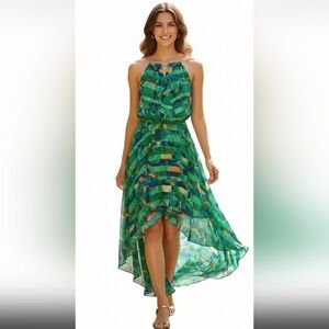 Mark Blue Green Patterned Chiffon High Low Summer Dress Medium